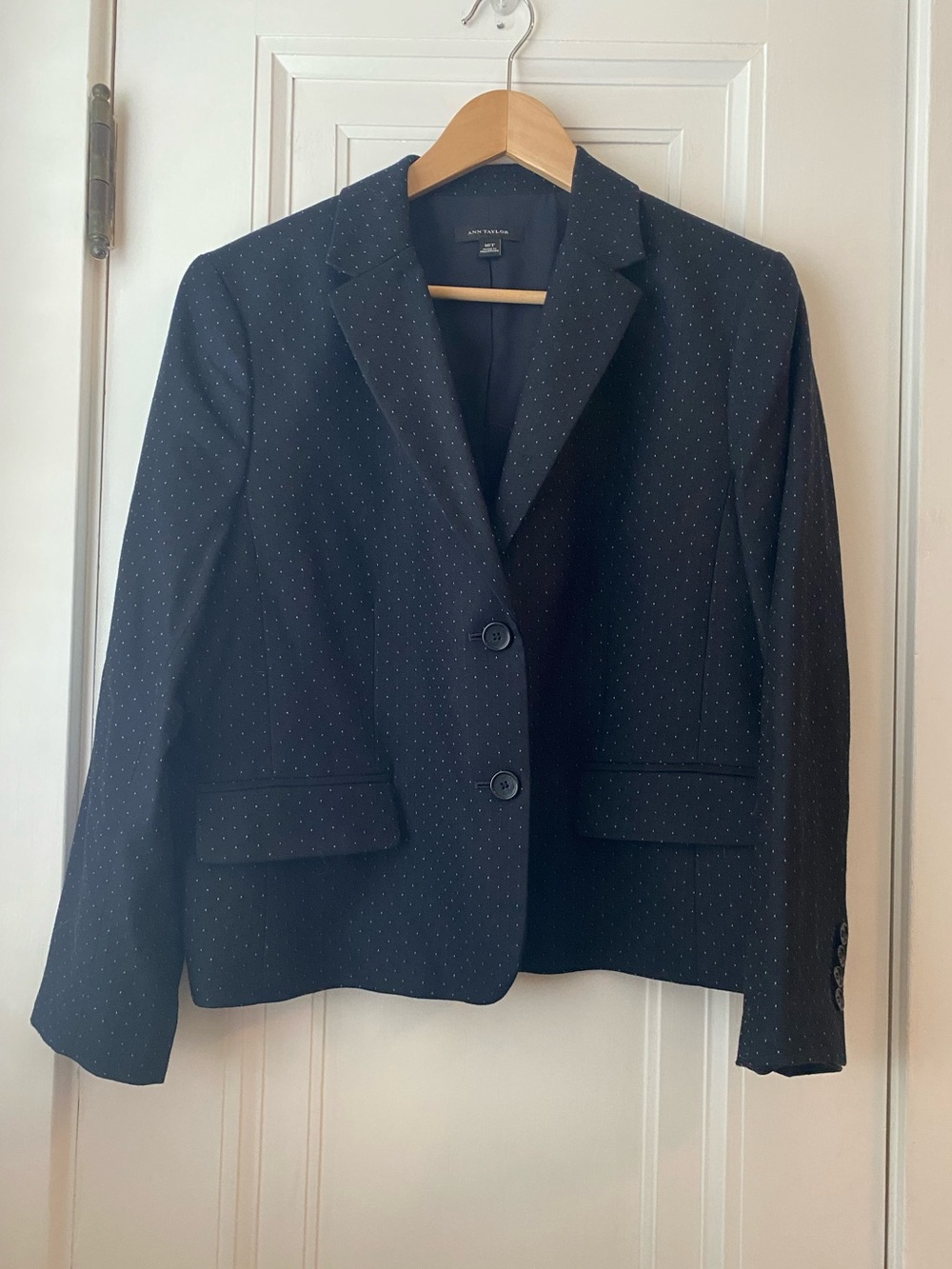 Ann Taylor suit jacket blazer black w/ white birdseye dot cropped fitted 16 tall